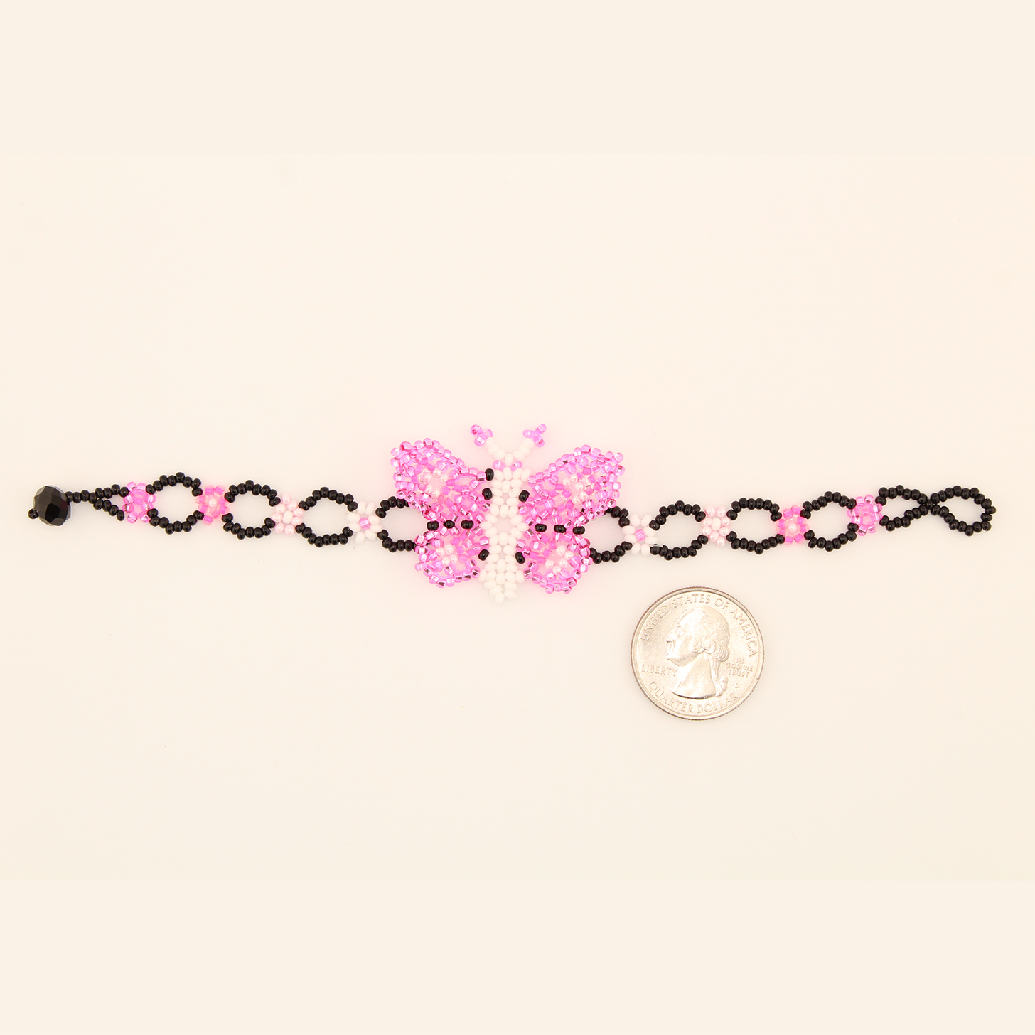 AmorHuichol-BeadedButterflyBracelet-BlackandPink-7In-SR