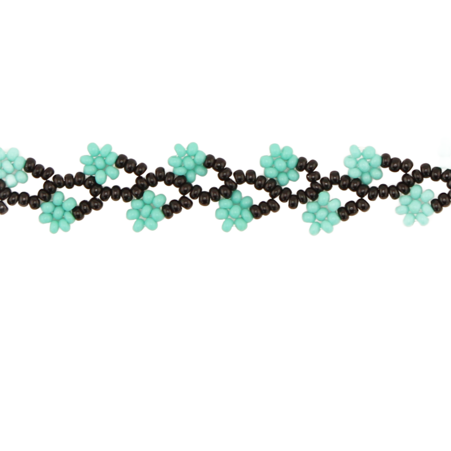 Amor Huichol - Beaded Double Flower Bracelet - Black and Green - Small - 8.25 In