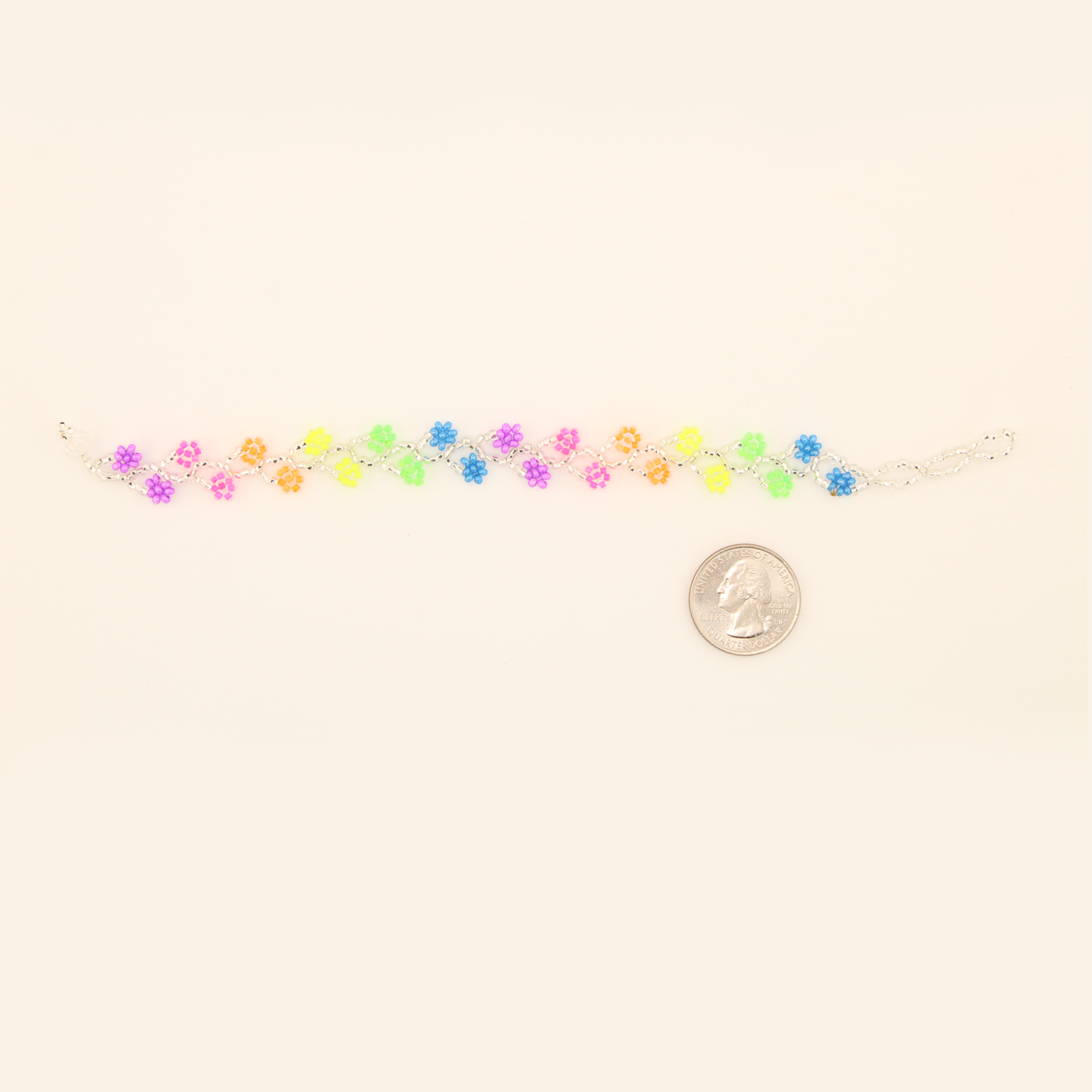 AmorHuichol-BeadedDoubleFlowerBracelet-SilverandMulticolor-Small-8.25In