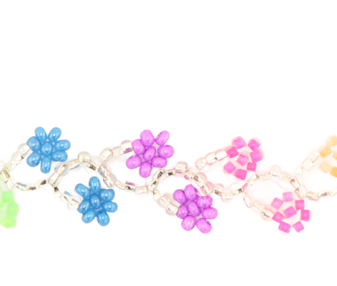 AmorHuichol-BeadedDoubleFlowerBracelet-SilverandMulticolor-Small-8.25In