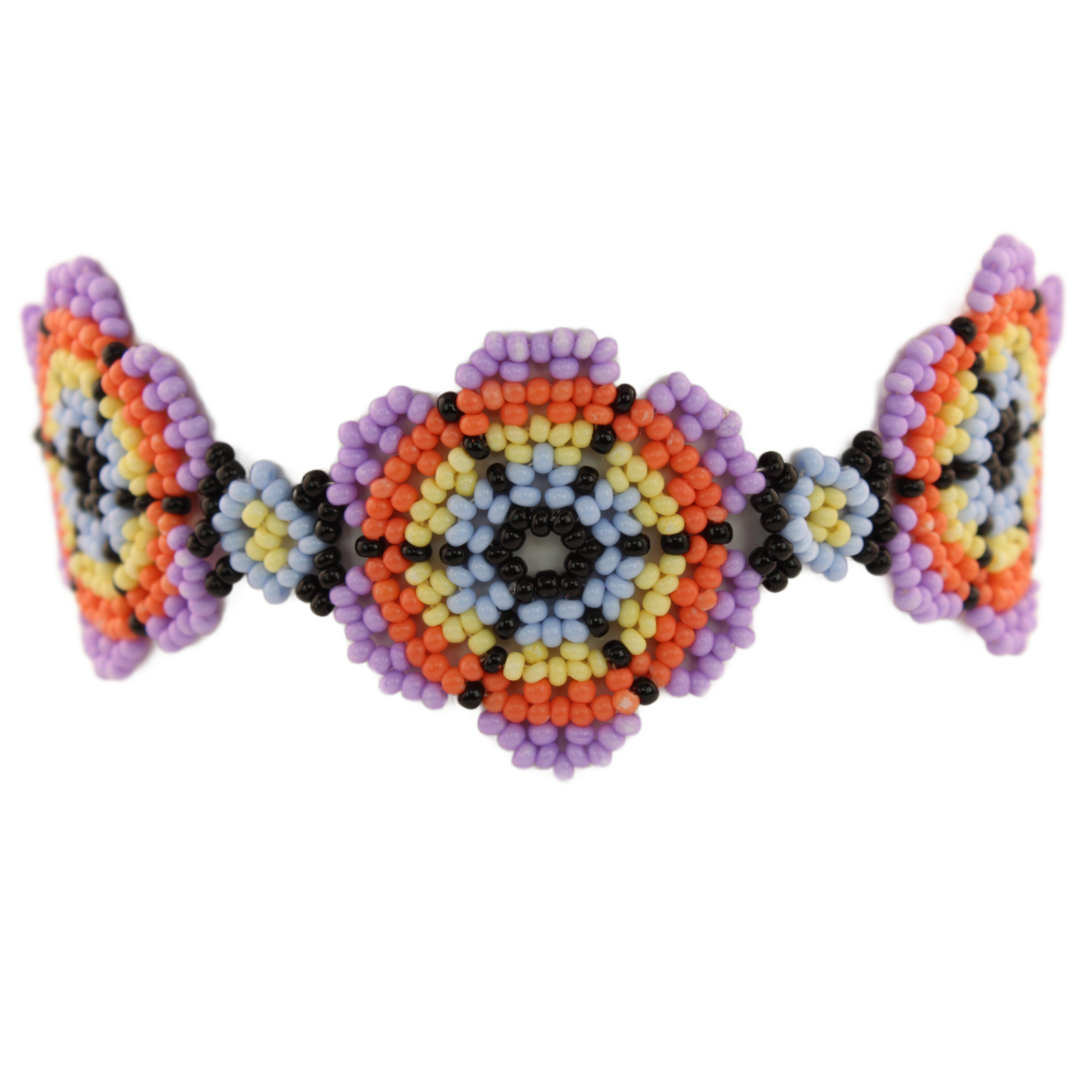 Amor Huichol - Beaded Flower Bracelet - Blue and Purple- Medium - 8.25 In
