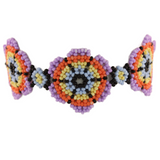 Amor Huichol - Beaded Flower Bracelet - Blue and Purple- Medium - 8.25 In