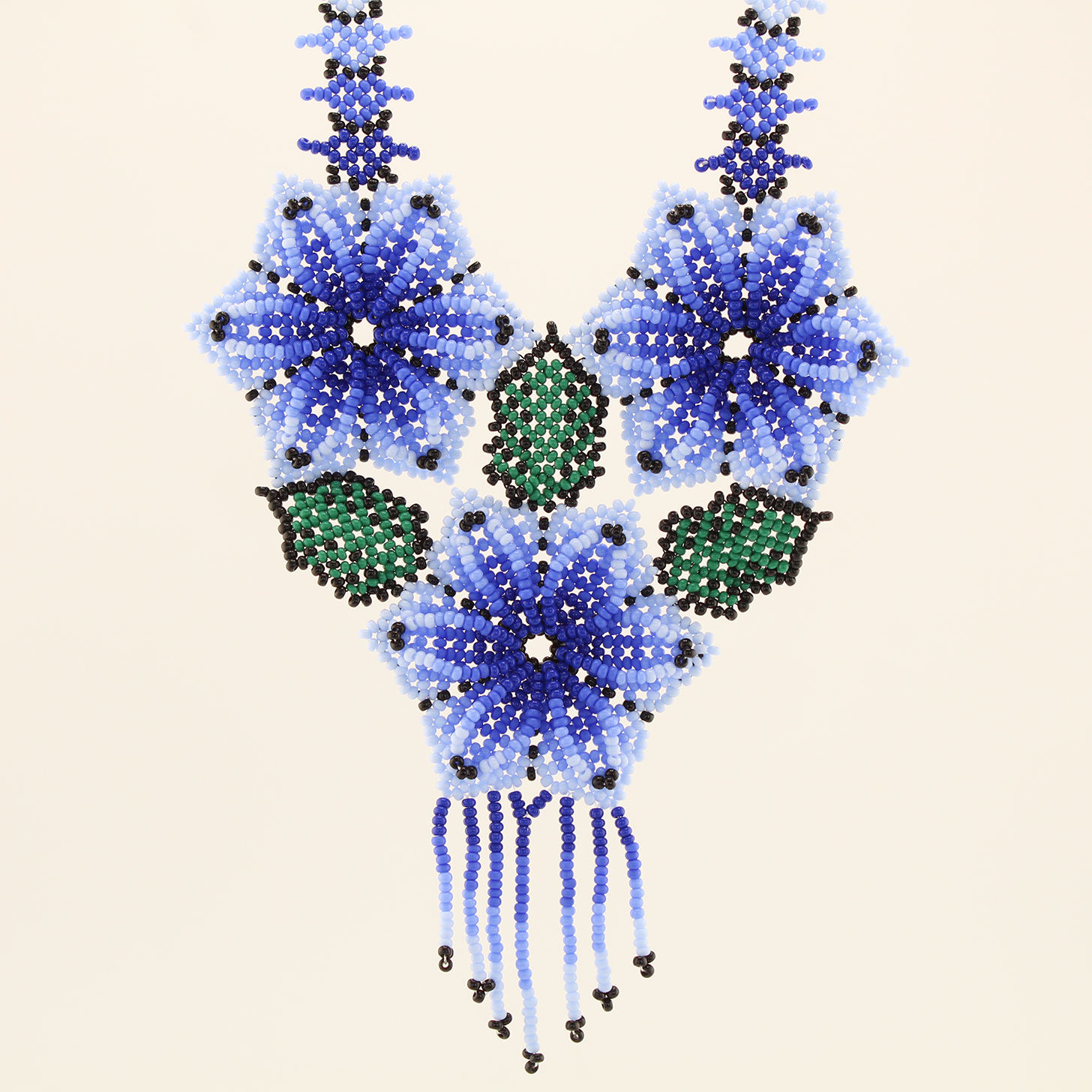 Amor Huichol - Beaded Flower Necklace - Green and Blue - Large
