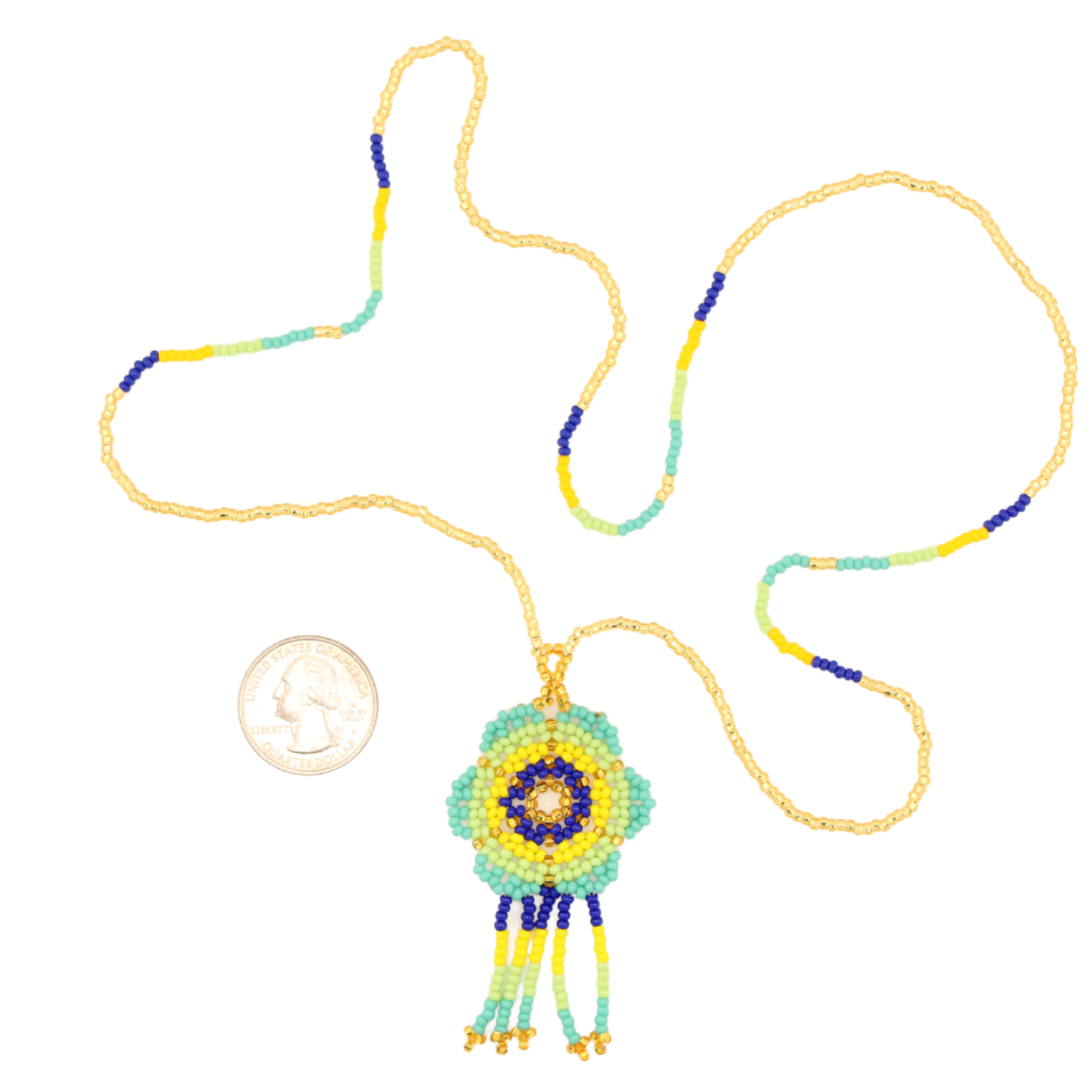 Amor Huichol - Beaded Flower Necklace - Green and Blue - Medium