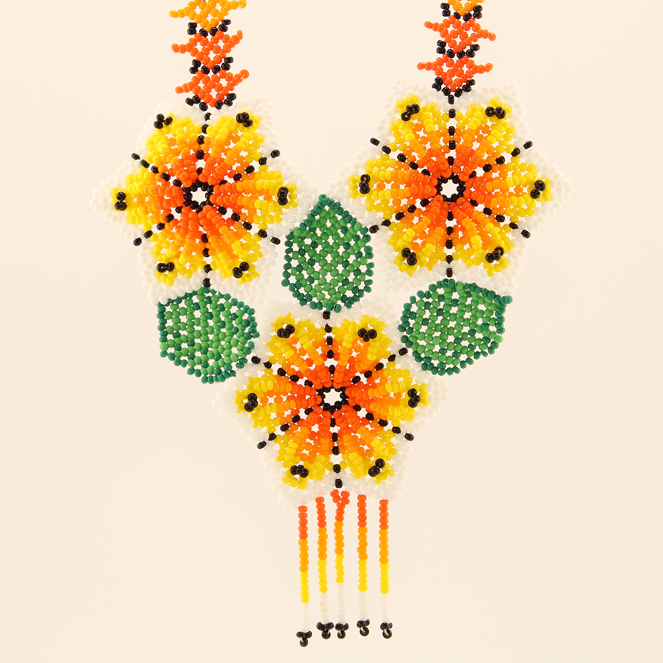 AmorHuichol-BeadedFlowerNecklace-GreenandOrange-Large