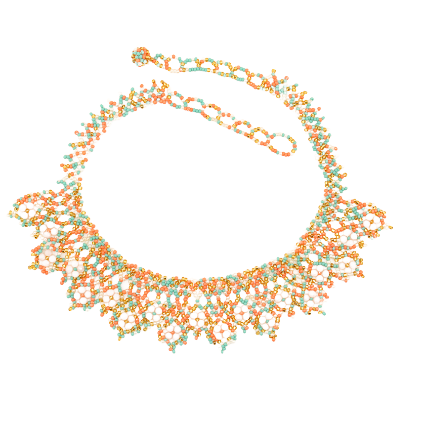 Amor Huichol - Beaded Flower Necklace - Orange and Green