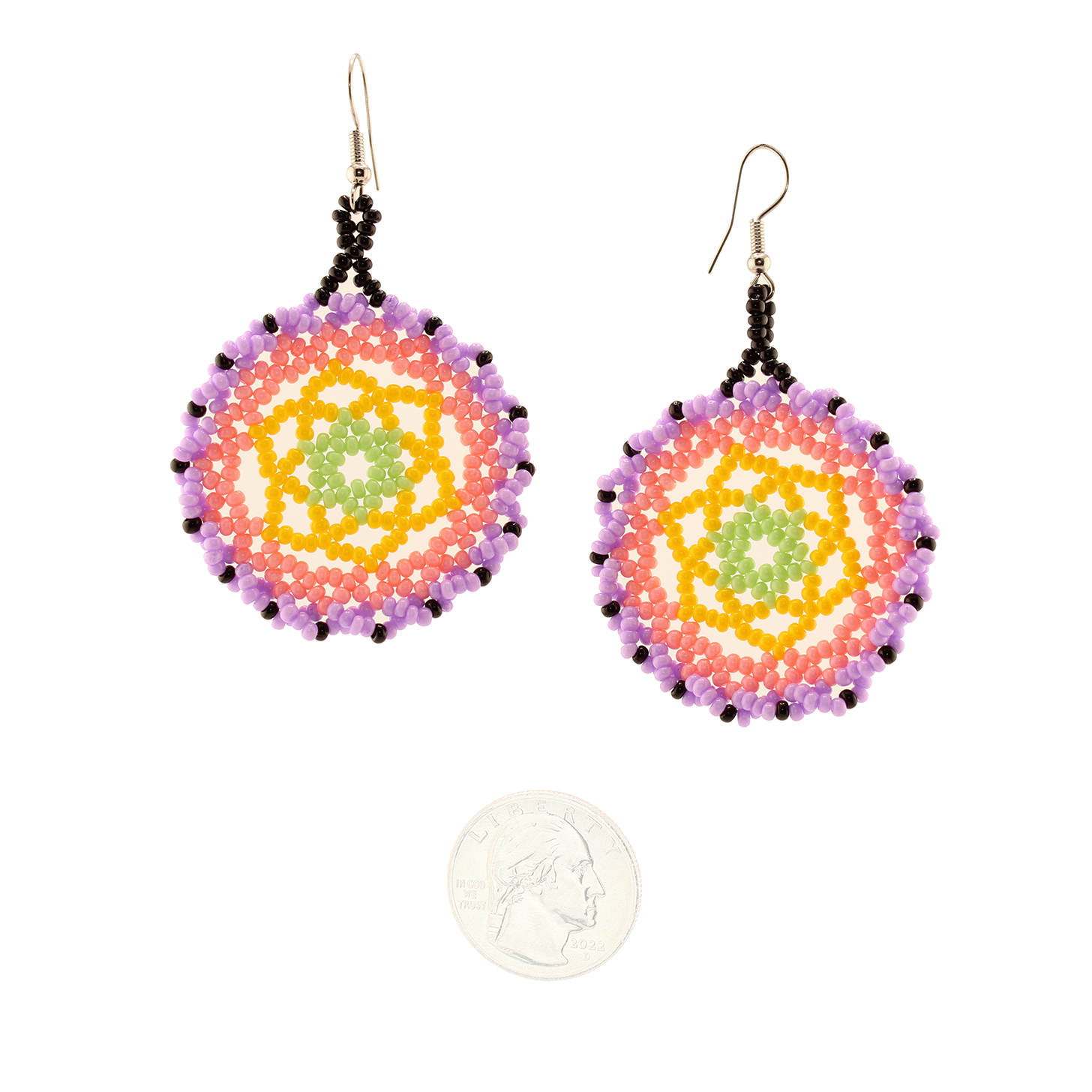 AmorHuichol-Dreamcatcher-BeadDangleEarrings-YellowandPurple