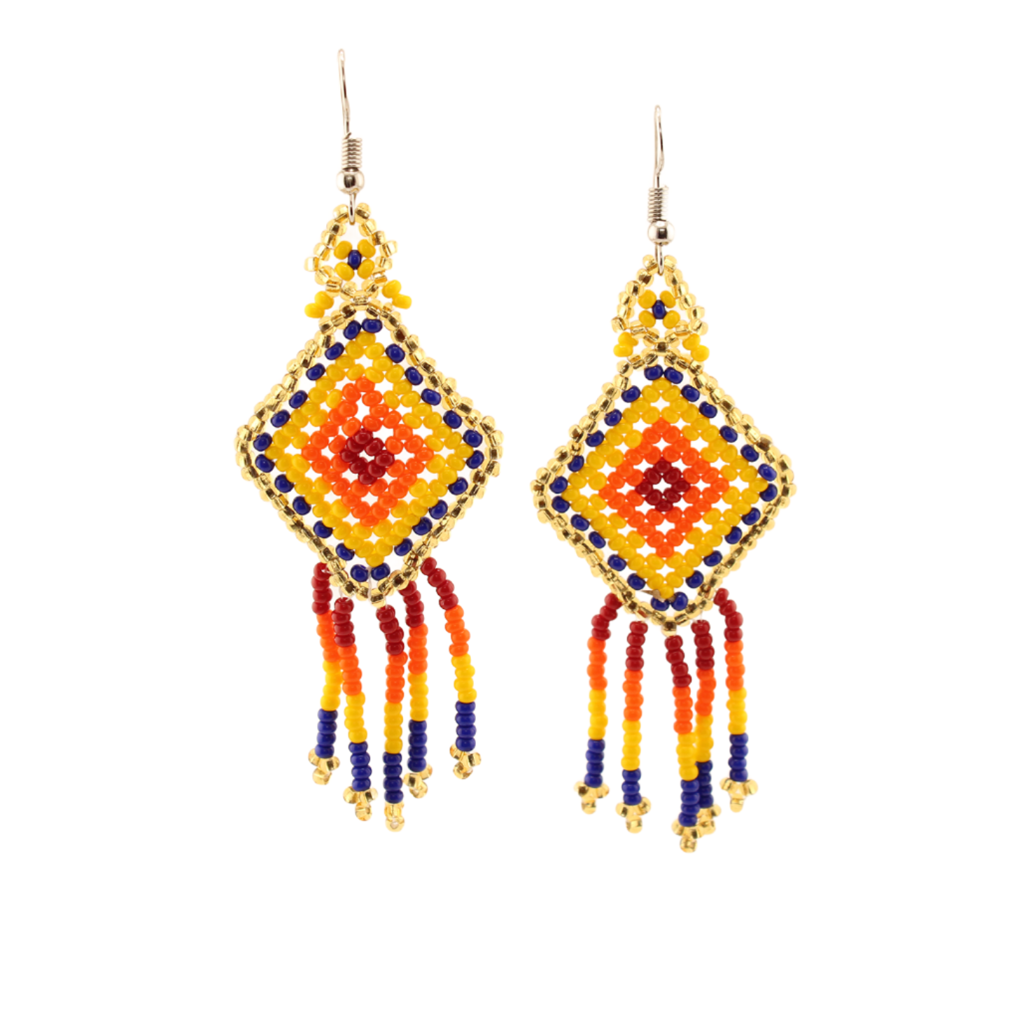 AmorHuichol-Rhombus-BeadDangleEarrings-BlueandYellow