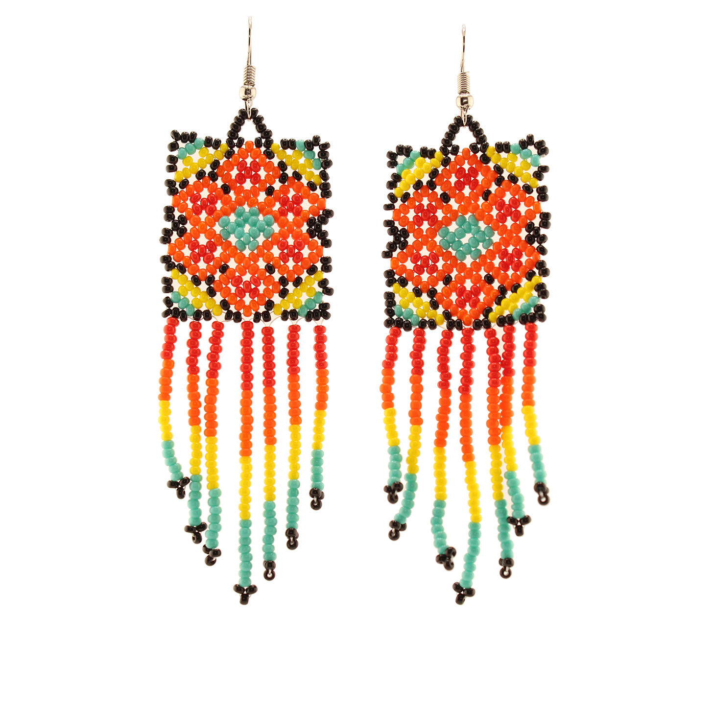 AmorHuichol-Square-BeadDangleEarrings-GreenandOrange