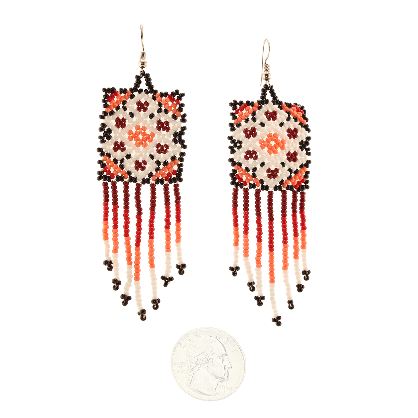 Amor Huichol - Square - Bead Dangle Earrings - Red and White