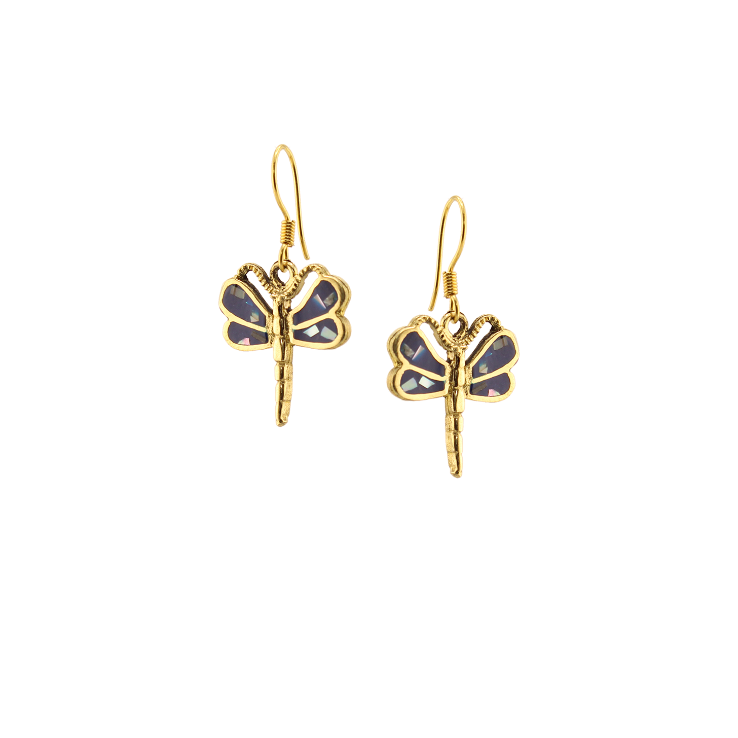 Bronze - Dragonfly - Abalone Mother of Pearl Dangle Earrings - Dark Blue