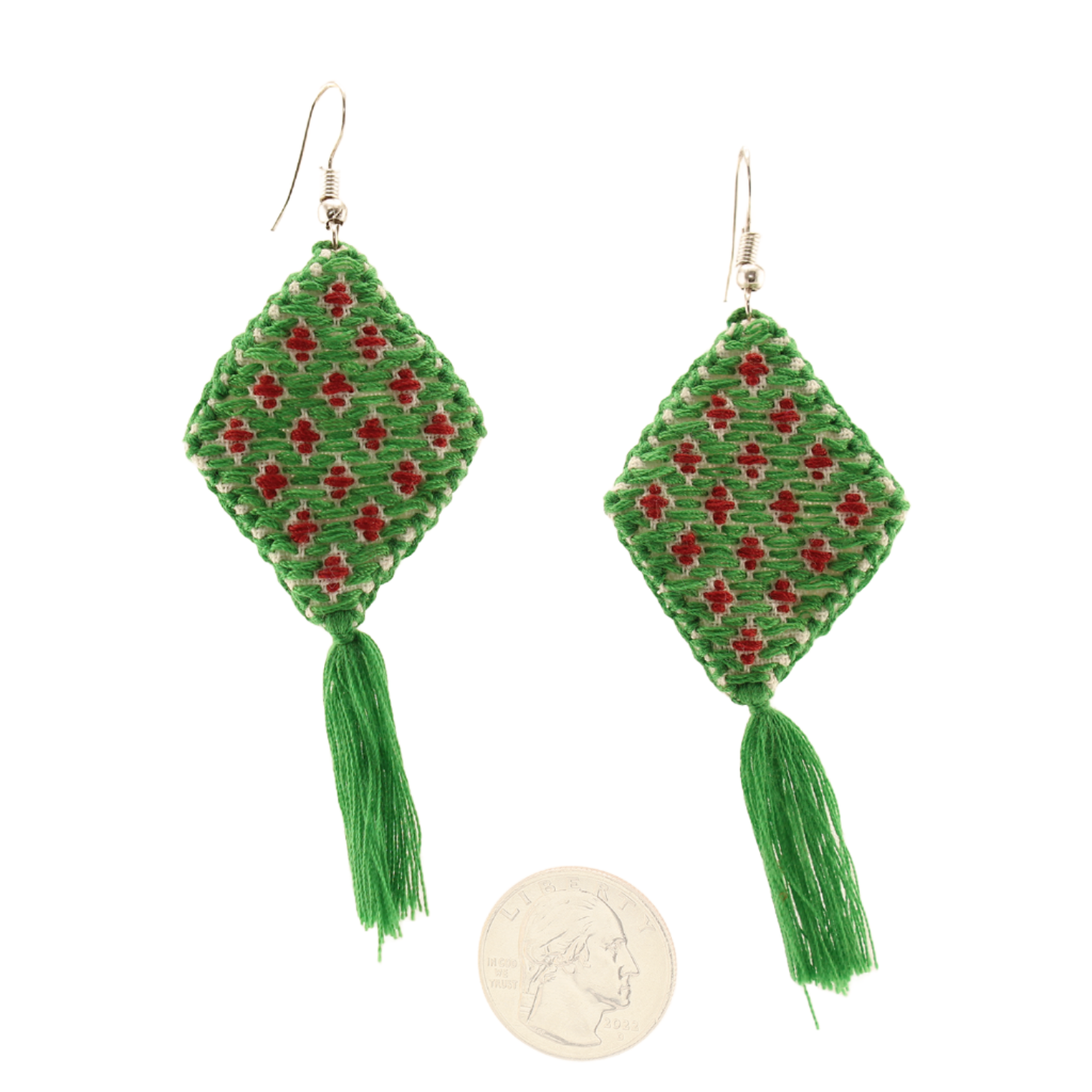 Chiapas-RhombusEmbroideryDangleEarrings-GreenandBrown