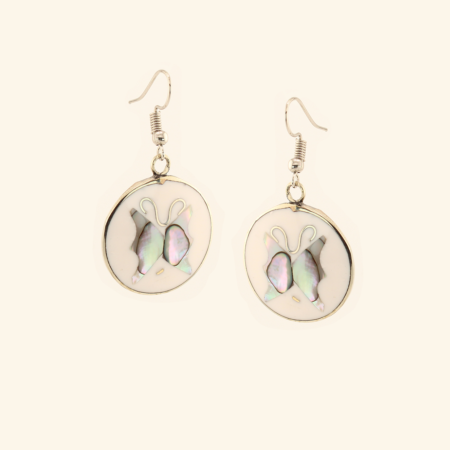 Ocean's Whisper - Butterfly - Abalone Mother of Pearl Dangle Earrings - White - Round - Large