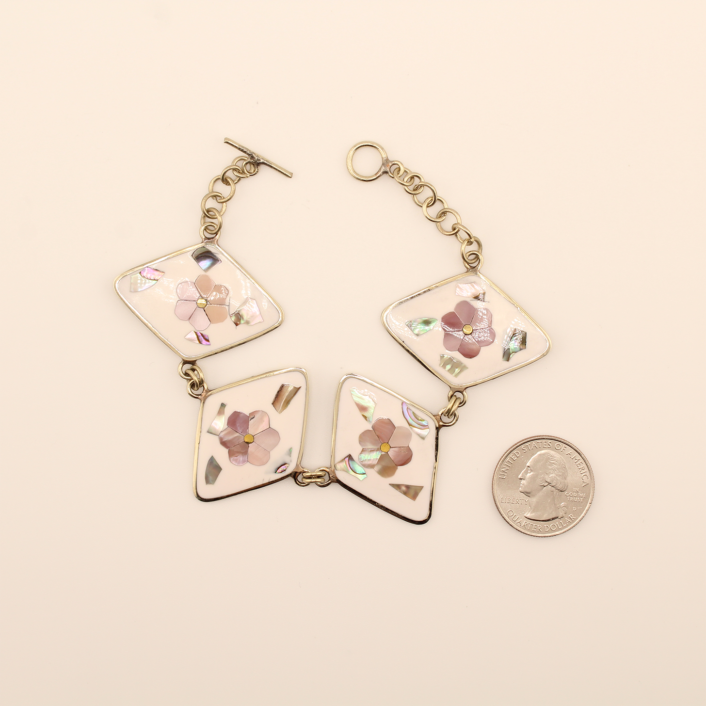 Ocean's Whisper - Mother of Pearl Flower Rhombus Bracelet - White - Large - 8 In