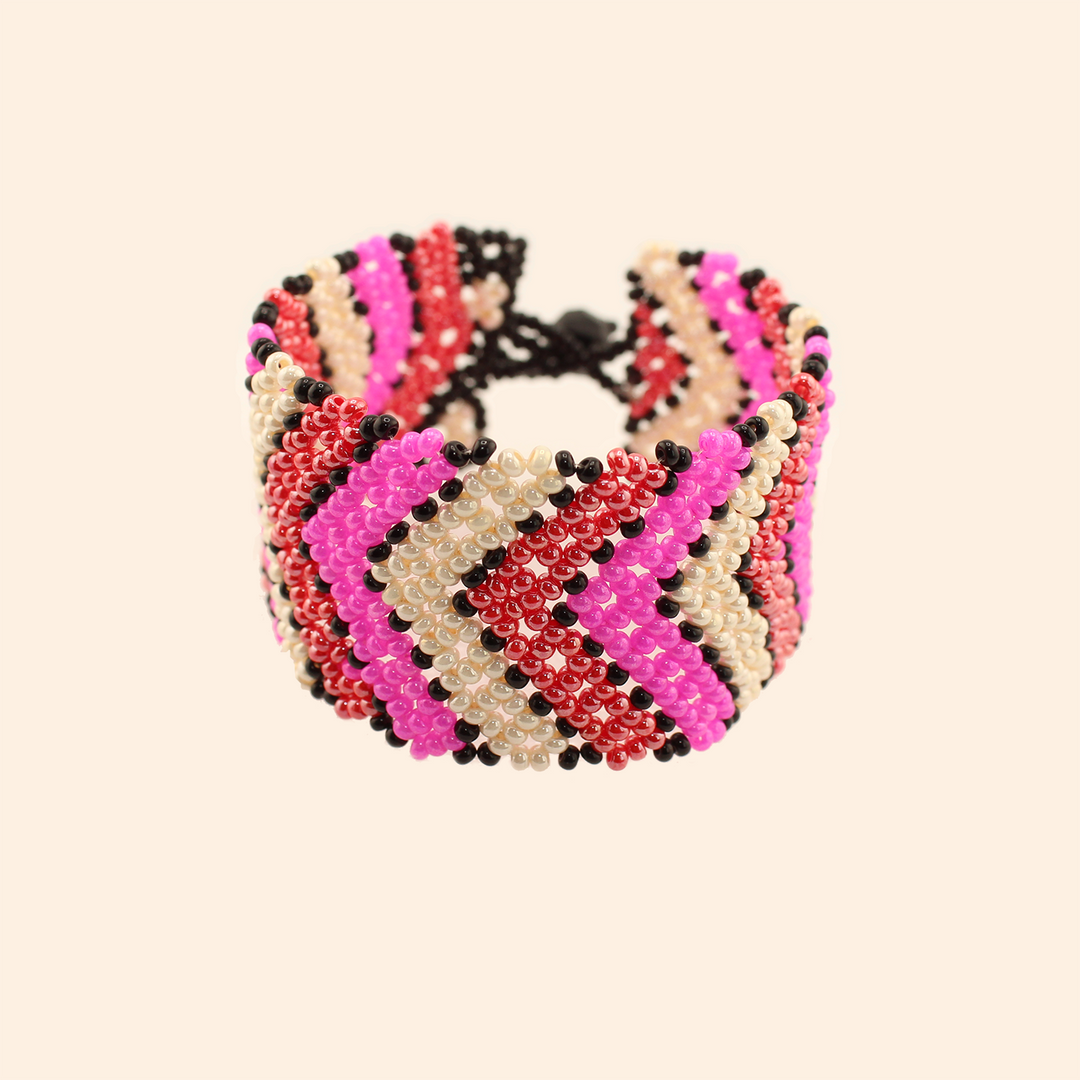 Huichol Beaded Bracelet - White, Pink and Red Arrows