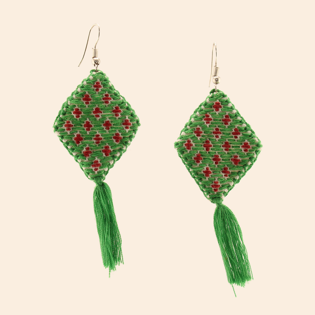 Green Embroidery Dangle Earrings
