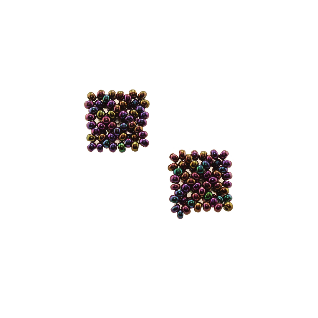 Amor Huichol - Bead Square Studs - Iridescent Purple, Green and Golden