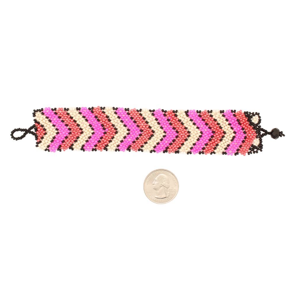 Amor Huichol - Beaded Arrow Bracelet - Pink and White - 7.5 In