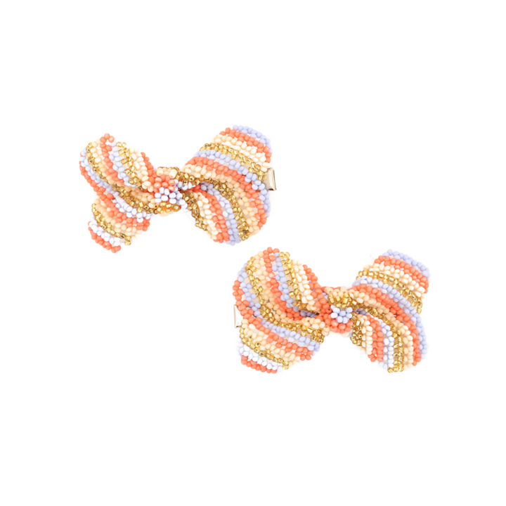 Amor Huichol  - Beaded Bow Hair Clip - Pair Pink & Gold - Small