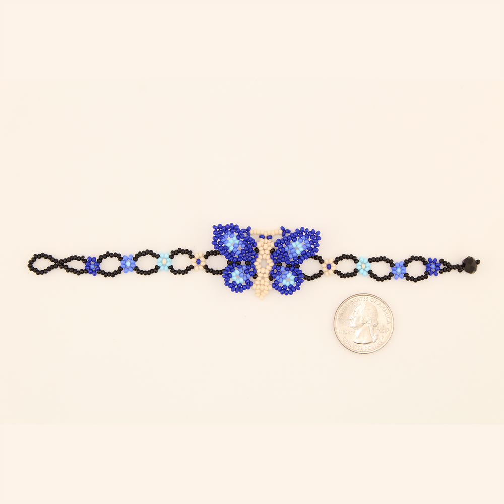Amor Huichol - Beaded Butterfly Bracelet - Black Blue and White - 7 In