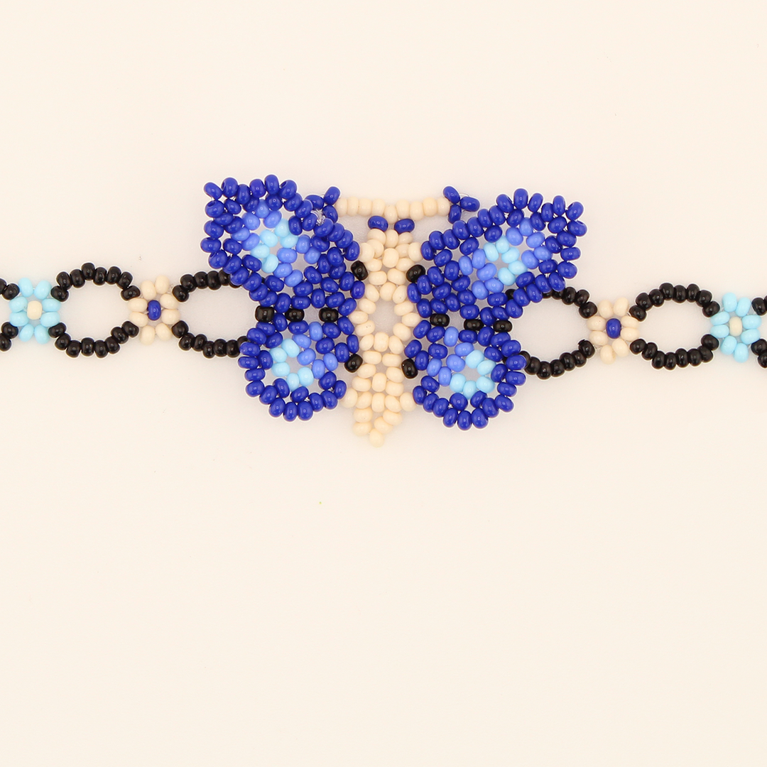 Amor Huichol - Beaded Butterfly Bracelet - Black Blue and White - 7 In