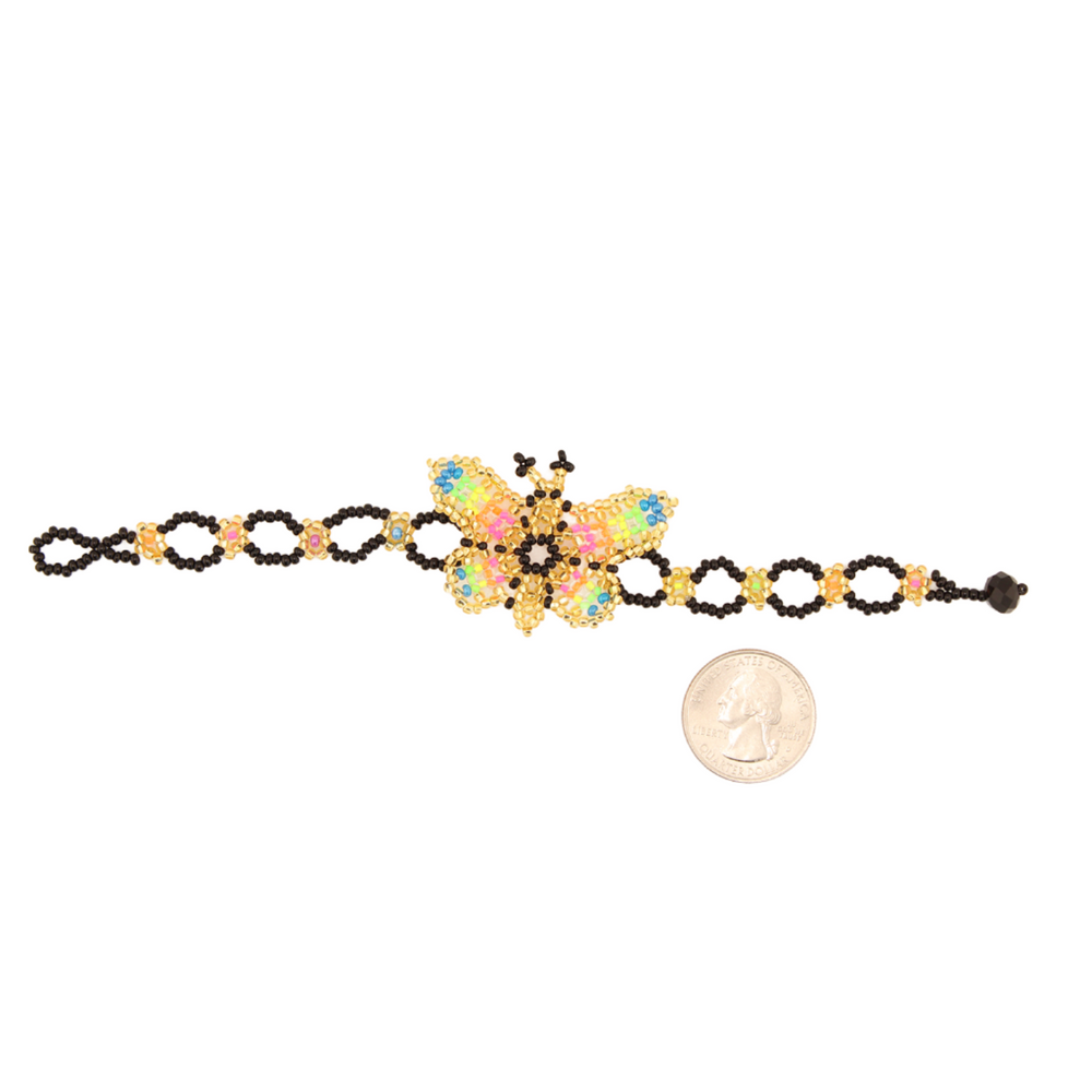 Amor Huichol - Beaded Butterfly Bracelet - Black and Gold - 7 In