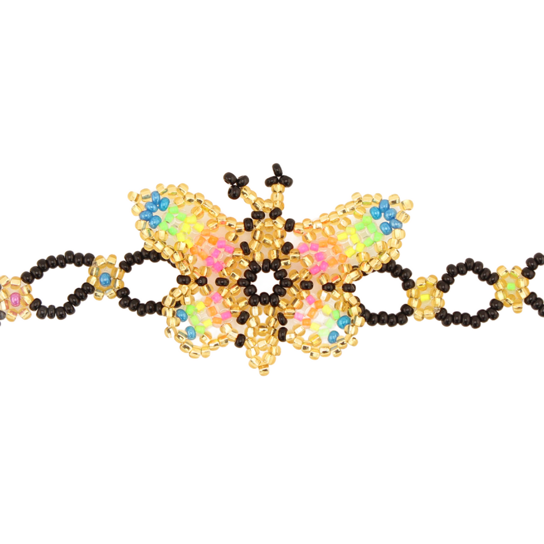 Amor Huichol - Beaded Butterfly Bracelet - Black and Gold - 7 In