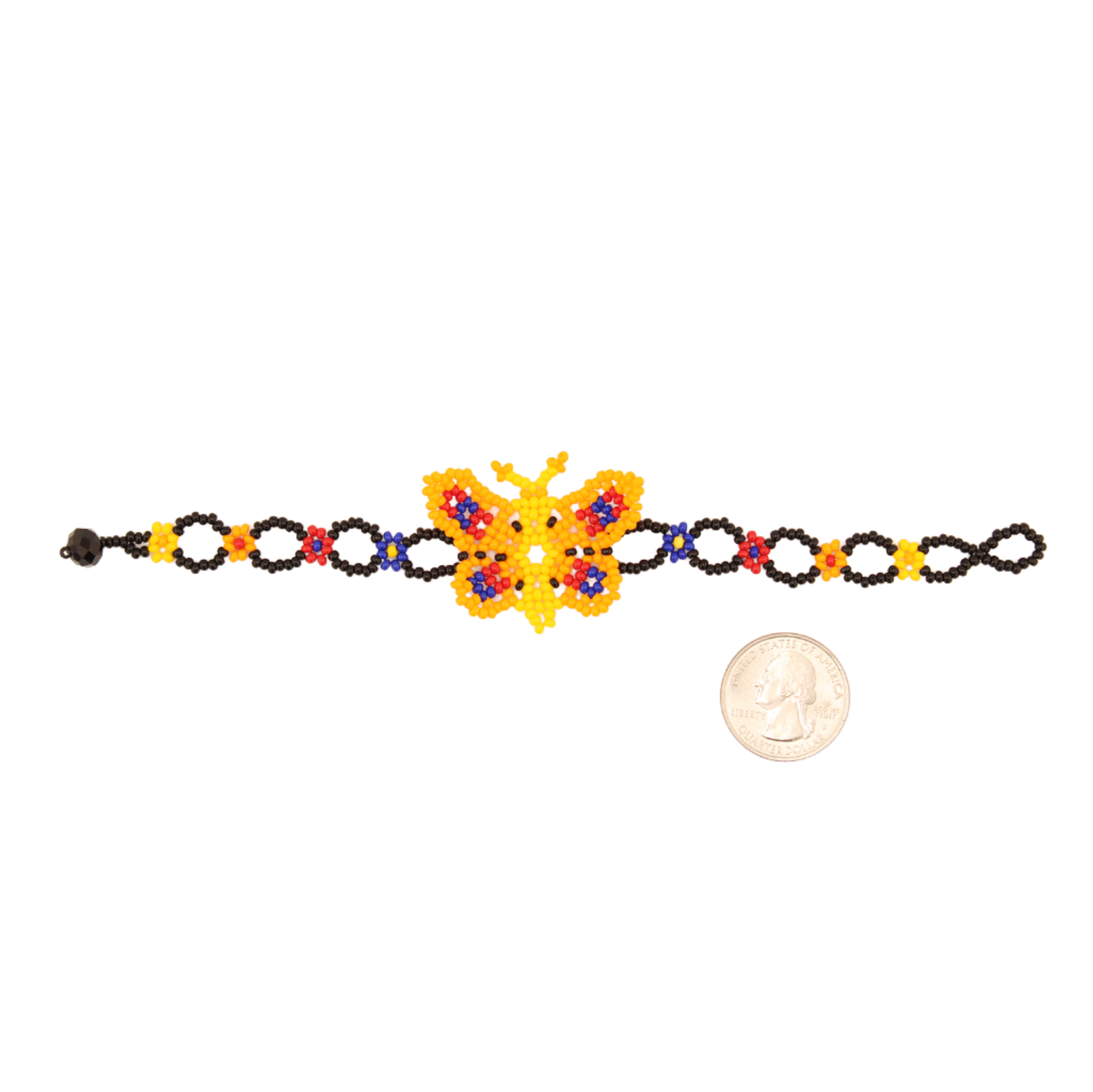 Amor Huichol - Bracelet papillon perlé - Noir et Orange - 7 po.