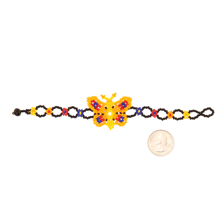 Amor Huichol  -  Beaded Butterfly Bracelet - Black and Orange - 7 In.