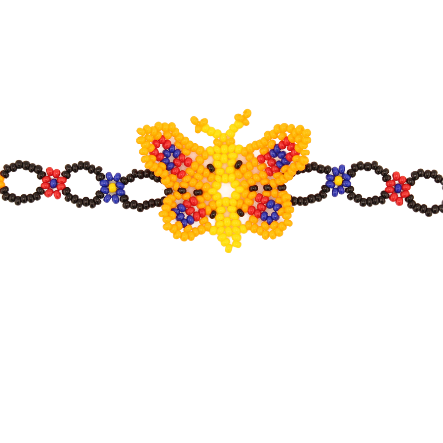 Amor Huichol - Bracelet papillon perlé - Noir et Orange - 7 po.