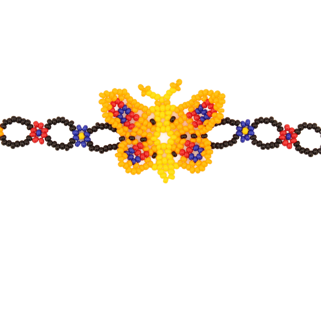 Amor Huichol  -  Beaded Butterfly Bracelet - Black and Orange - 7 In.