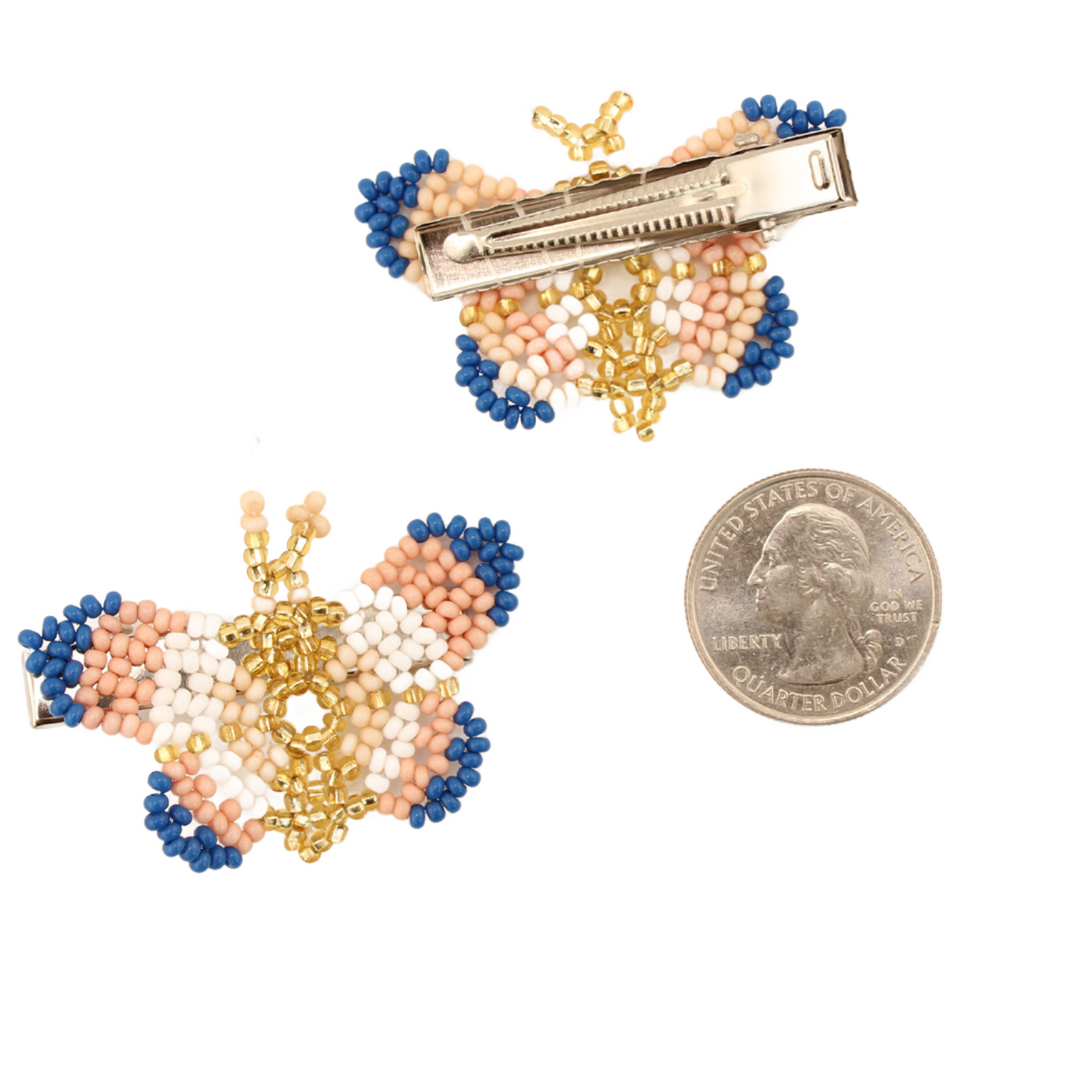 Amor Huichol  - Beaded Butterfly Hair Clip - Pair Blue and Gold - Small