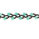 Amor Huichol - Beaded Double Flower Bracelet - Black and Green - Small - 8.25 In