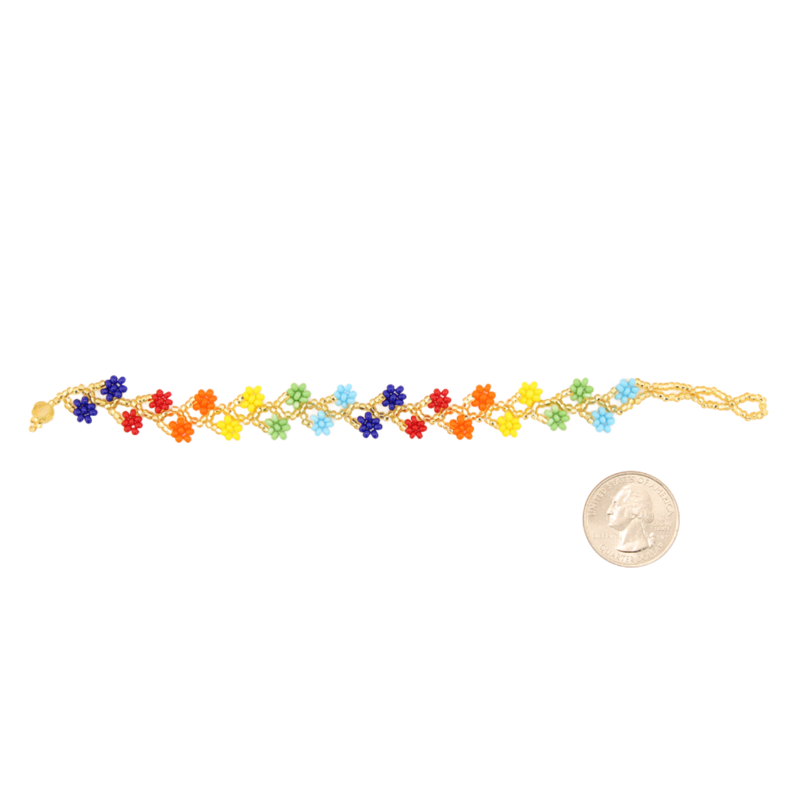 AmorHuichol-BeadedDoubleFlowerBracelet-GoldandMulticolor-Small-8.25In