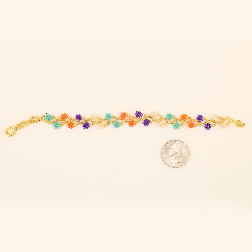 Amor Huichol - Beaded Double Flower Bracelet - Gold and Purple - Small - 8.25 In