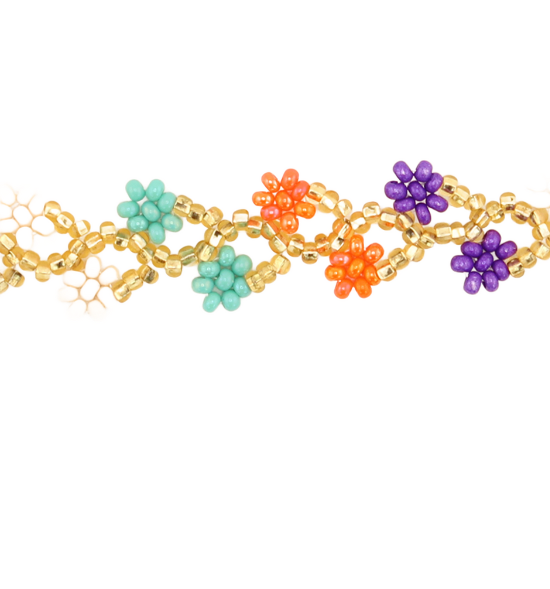Amor Huichol - Beaded Double Flower Bracelet - Gold and Purple - Small - 8.25 In