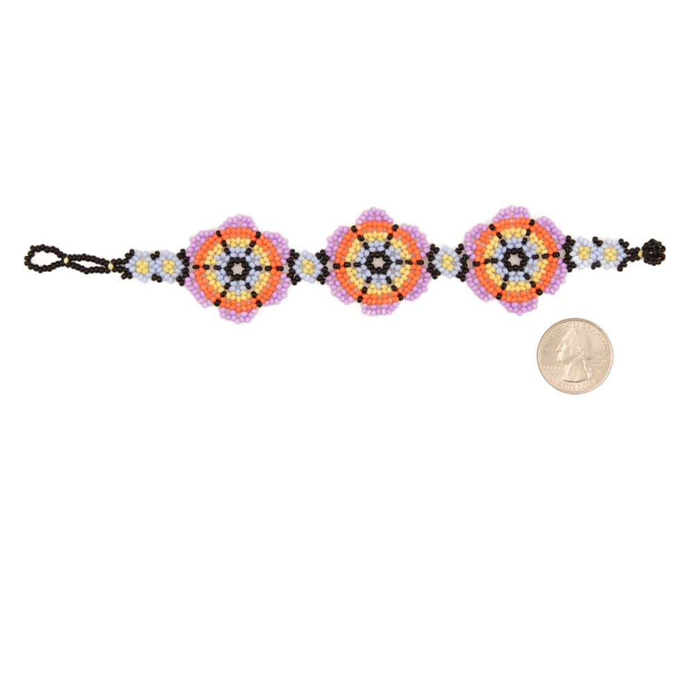 Amor Huichol - Beaded Flower Bracelet - Blue and Purple- Medium - 8.25 In