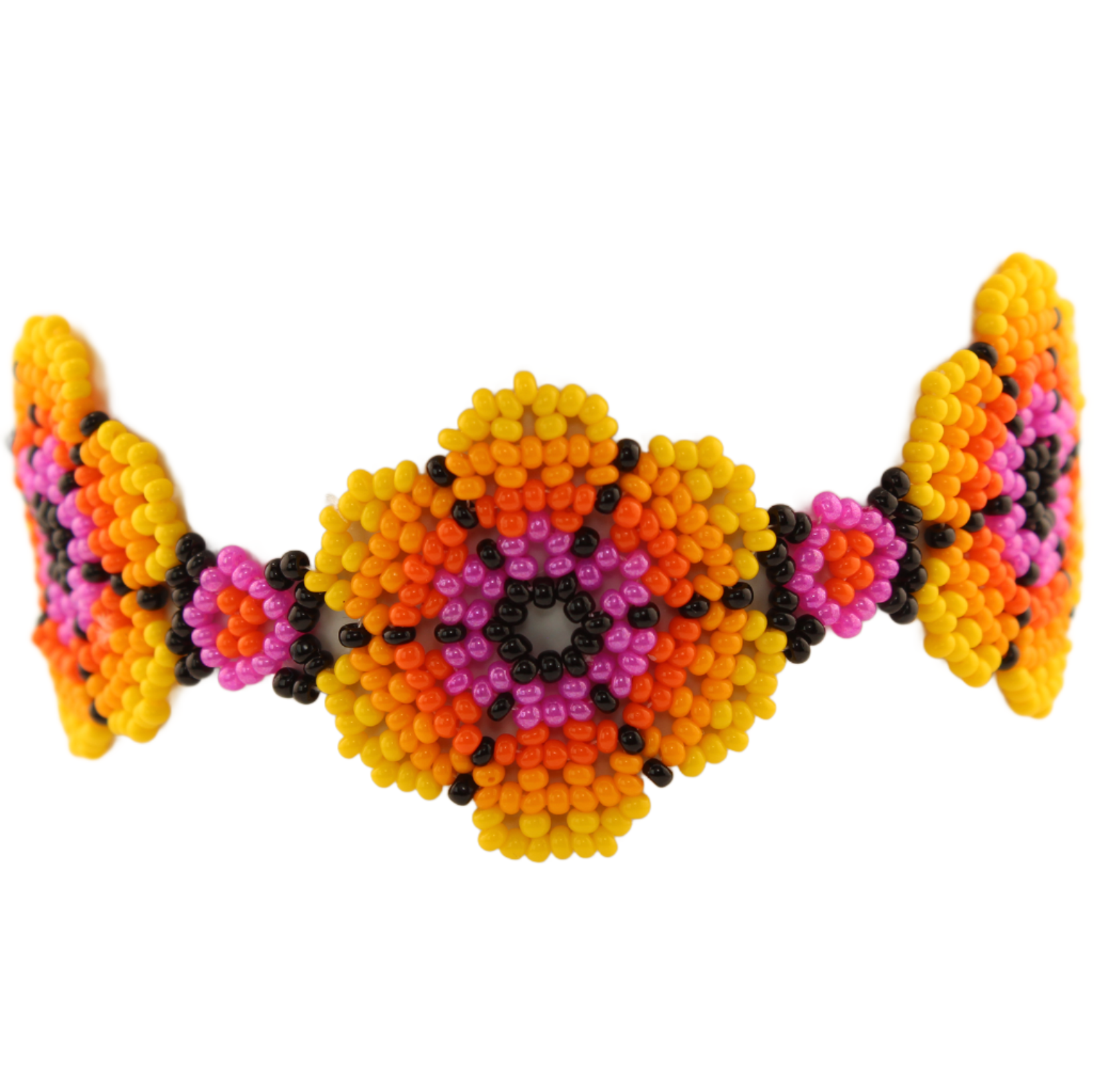 AmorHuichol-BeadedFlowerBracelet-YellowandPink-Medium-8.25 In