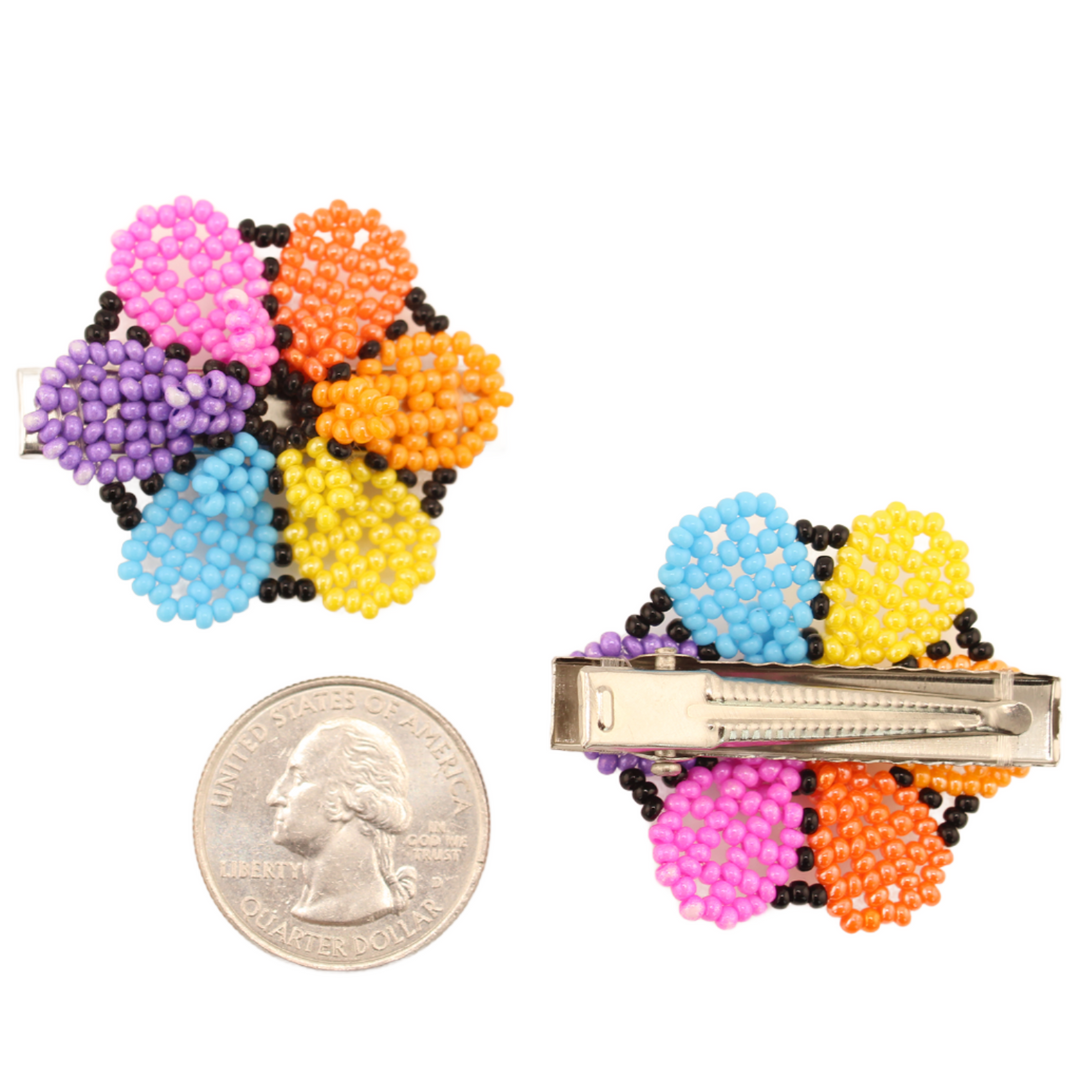 Amor Huichol  -  Beaded Flower Hair Clip - Pair Black and Multicolored - Small