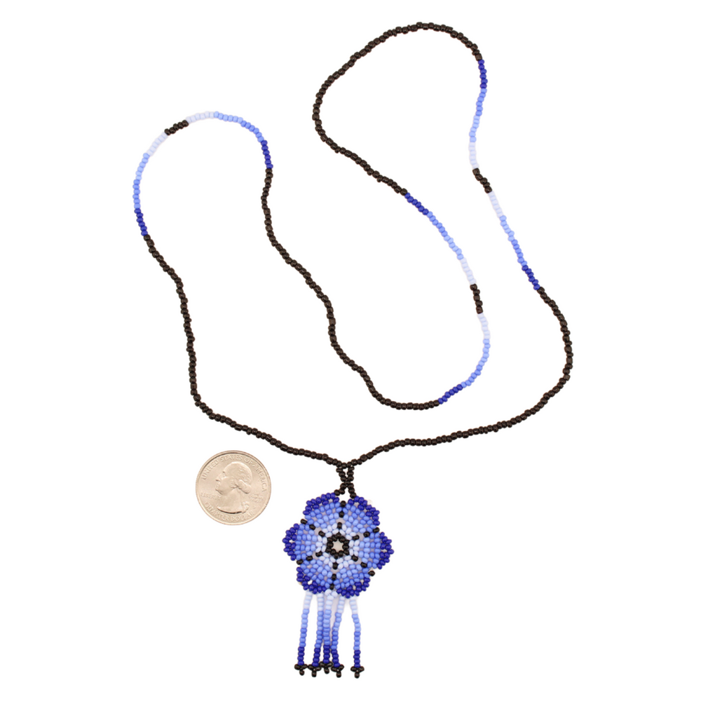Amor Huichol - Beaded Flower Necklace - Blue and Black - Medium