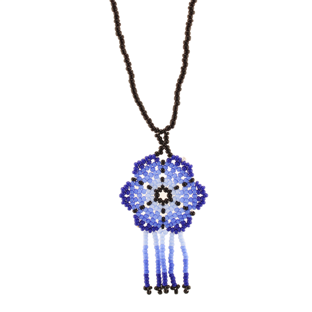 Amor Huichol - Beaded Flower Necklace - Blue and Black - Medium