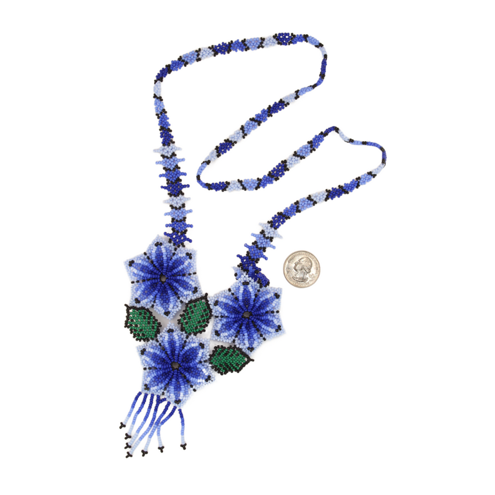 Amor Huichol - Beaded Flower Necklace - Green and Blue - Large
