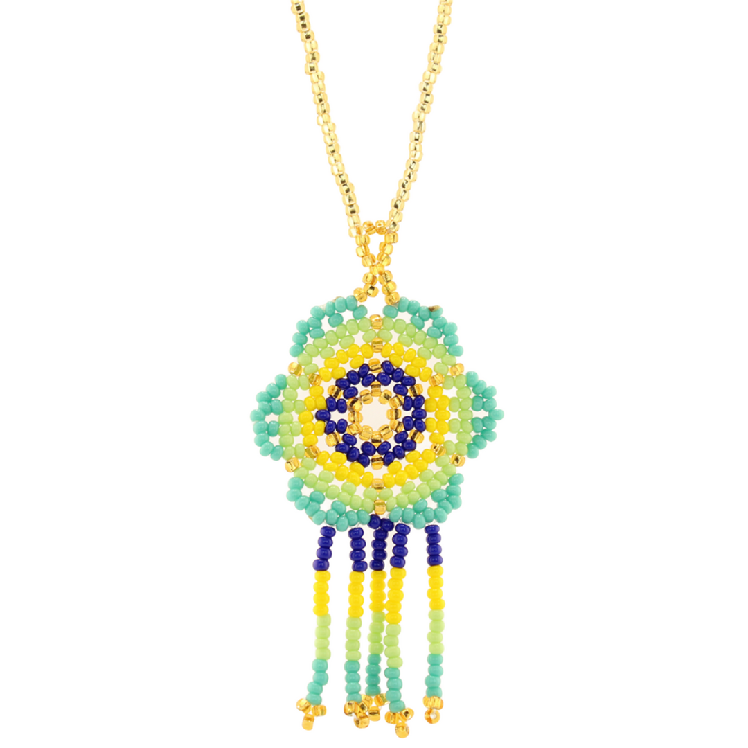 Amor Huichol - Beaded Flower Necklace - Green and Blue - Medium