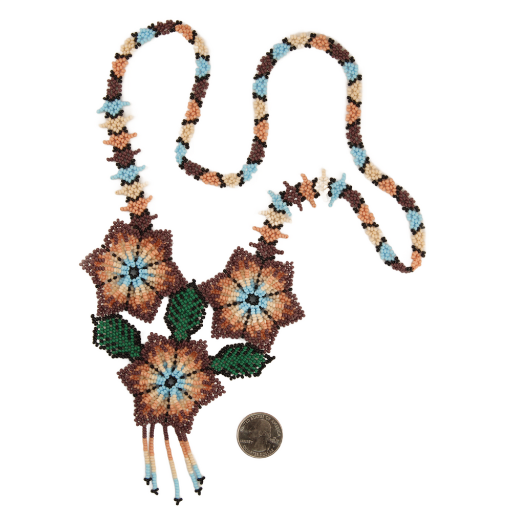 Amor Huichol - Beaded Flower Necklace - Green and Purple - Large