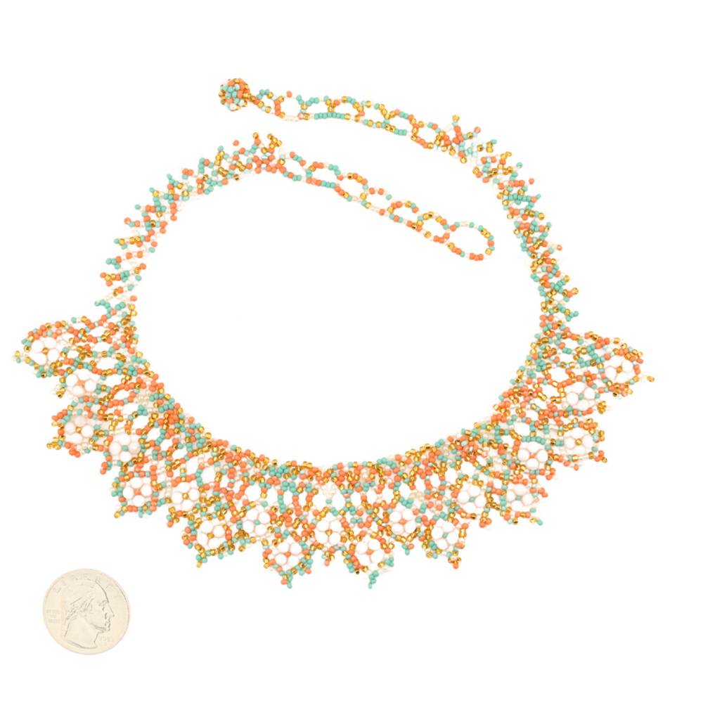Amor Huichol - Beaded Flower Necklace - Orange and Green 
