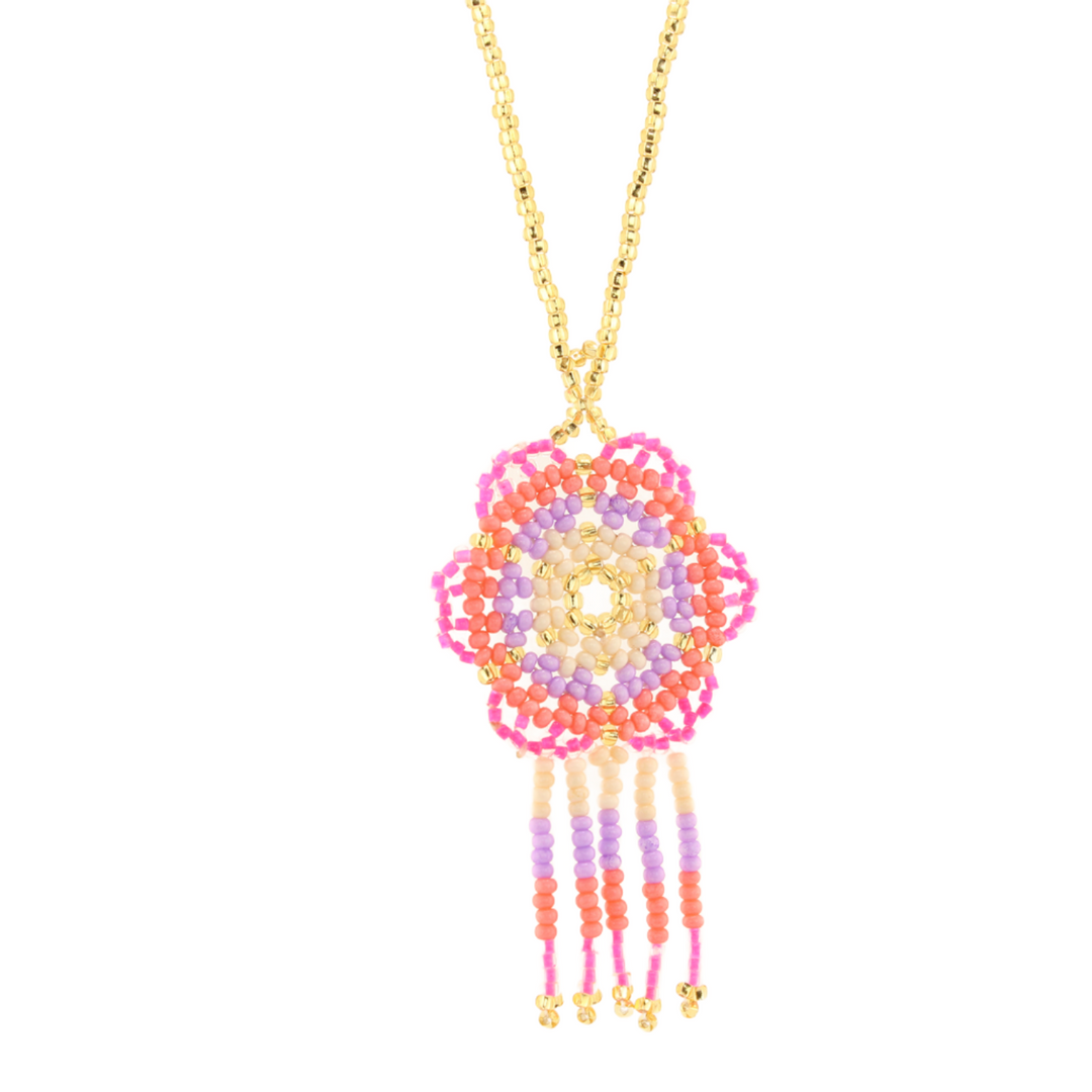 Amor Huichol - Beaded Flower Necklace - Red and Yellow - Medium