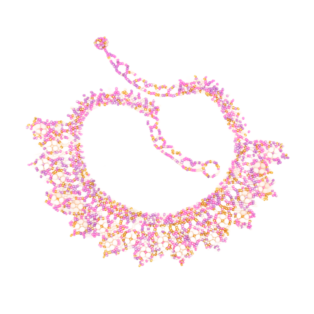 Amor Huichol - Beaded Flower Necklace - Pink and Purple