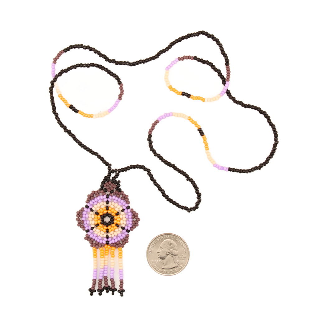 Amor Huichol - Beaded Flower Necklace - Purple and Black - Medium