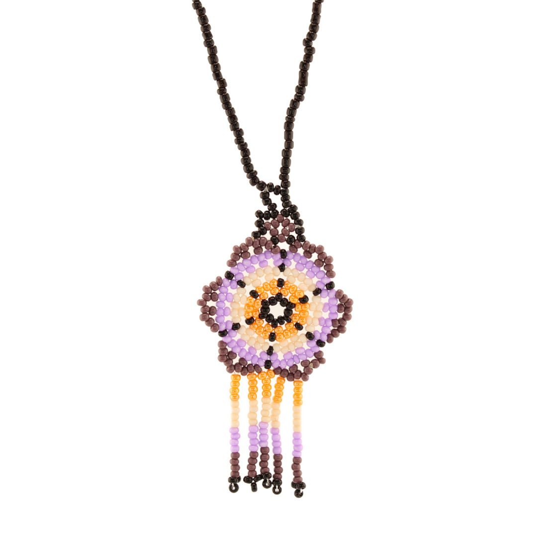 Amor Huichol - Beaded Flower Necklace - Purple and Black - Medium