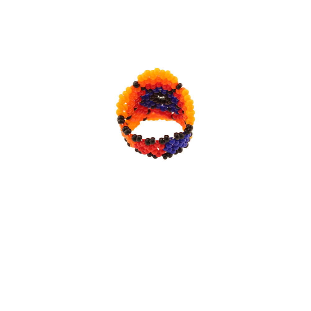 Amor Huichol - Beaded Flowers Ring - Blue and Orange - 1.5 In. x 1.5 In. - Size 7